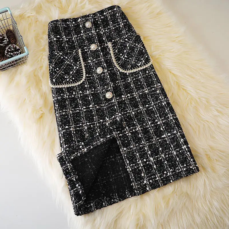 High Waist Slim Plaid Wool Skirt