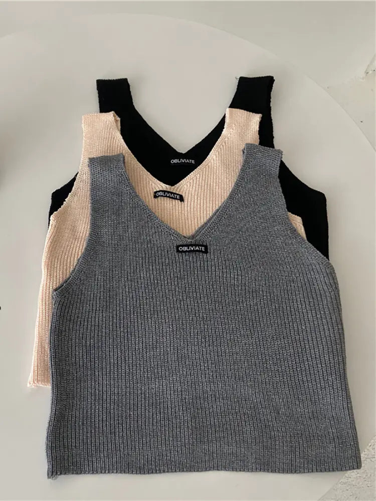Elegant V-Neck Knitted Cotton Tank Top for Women