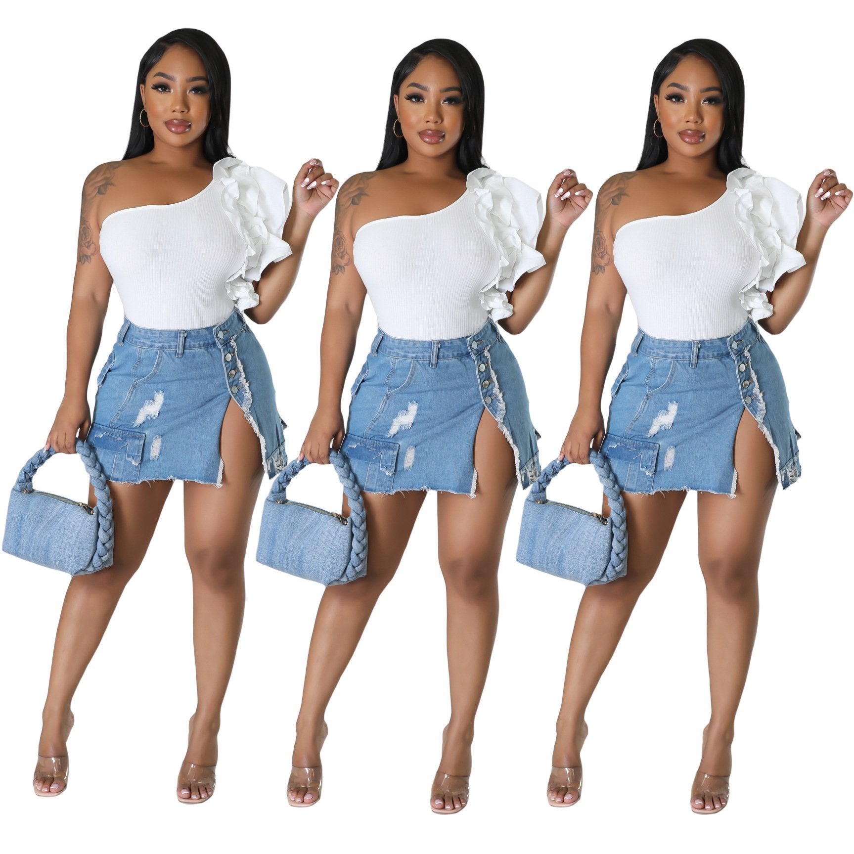 Ripped Pocket Denim Hip Skirt