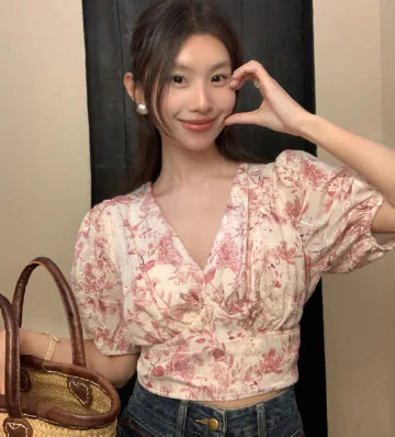 Floral Tie-Front Chiffon Shirt with Lantern Sleeves