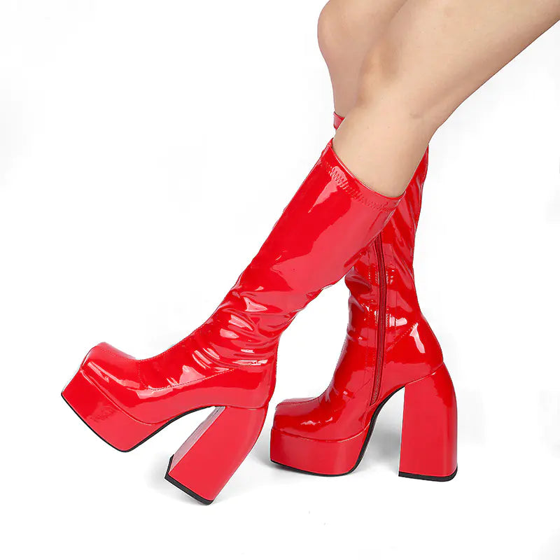 Bright Leather Side Zipper High Heel Platform Boots