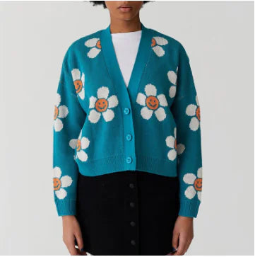 Knit Cardigan with V-Neck Floral Pattern for Women