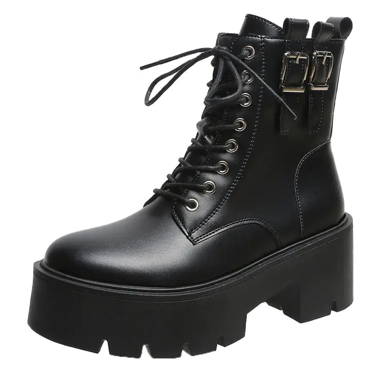 Women's British Style Lace-up Leather Motorcycle Boots