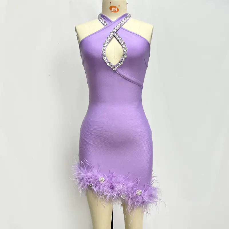 Purple Halter Rhinestone Feather Bandage Dress