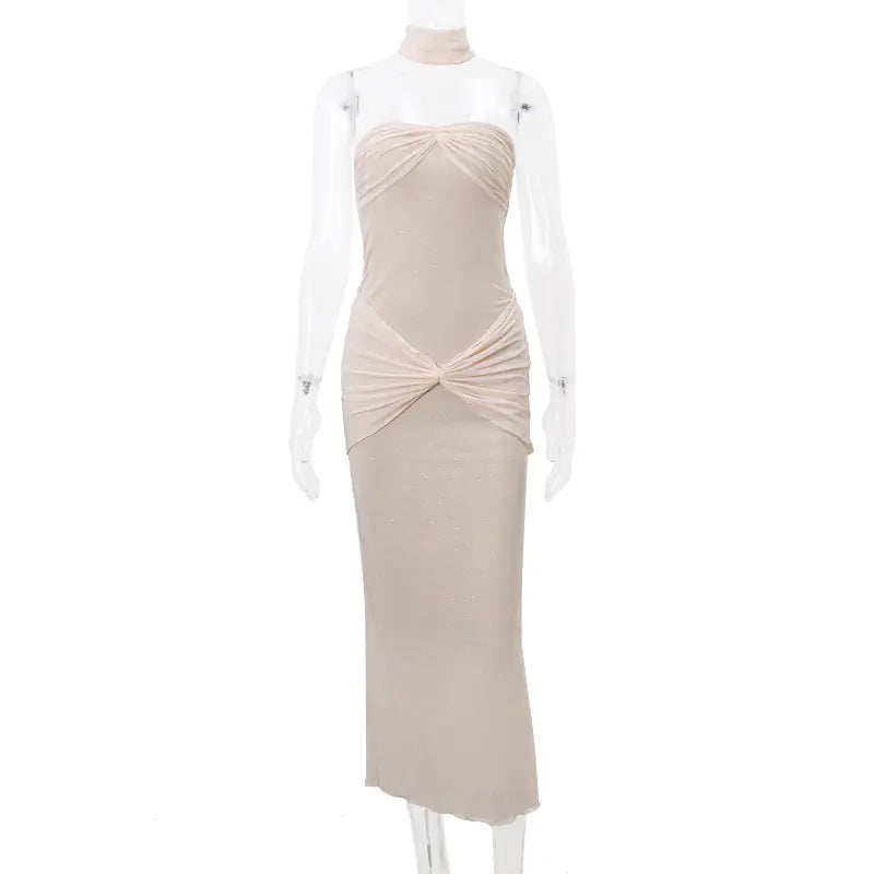 Shiny Ruched Strapless Long Dress for Women