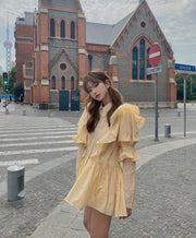 Yellow Puff Sleeve Shirt Dress with Waist Design