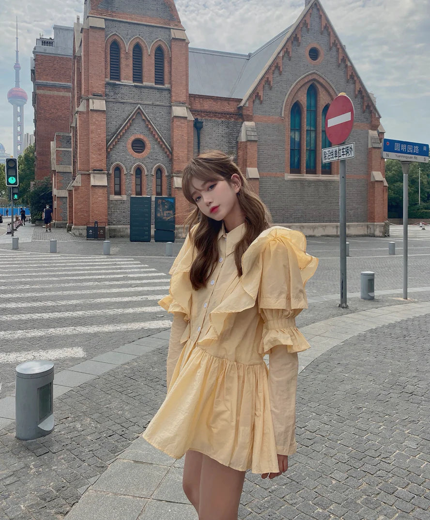 Yellow Puff Sleeve Shirt Dress with Waist Design
