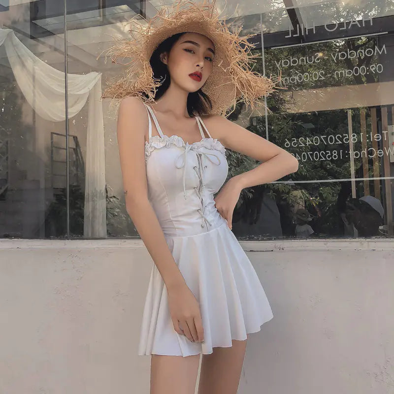 White Slimming One-Piece Dress Swimsuit for Women