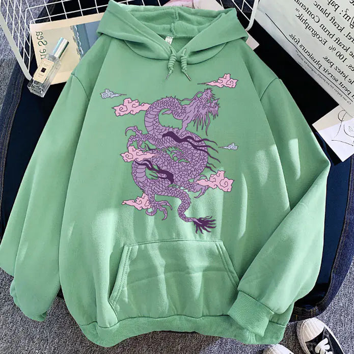 Candy Color Hooded Sweatshirt with Dragon Cloud Print