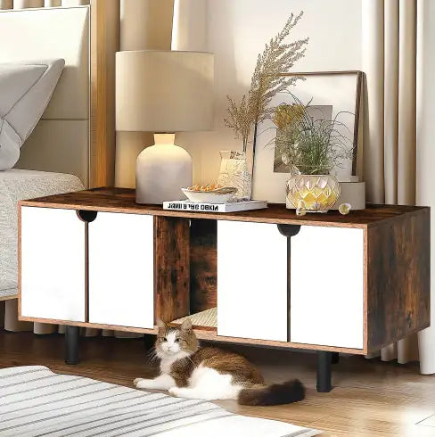 Double Cat Litter Box Enclosure - White Vintage TV Stand Cabinet