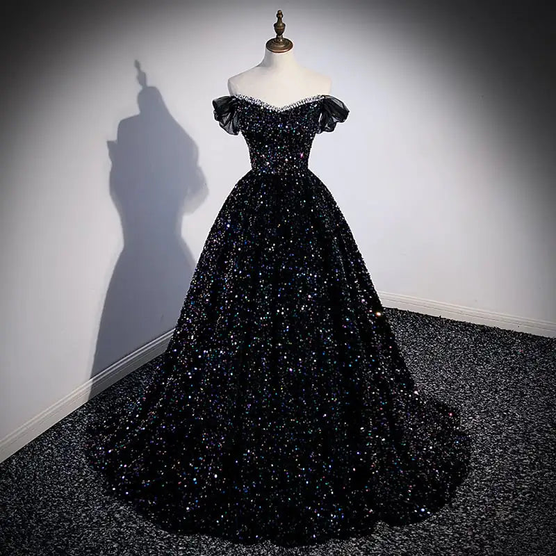 Off-Shoulder Evening Dress with French Sequins