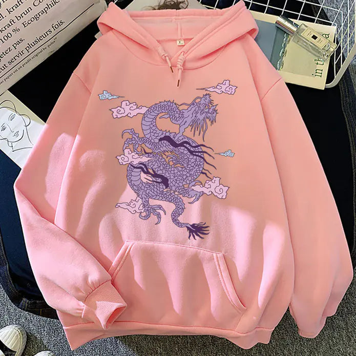 Candy Color Hooded Sweatshirt with Dragon Cloud Print