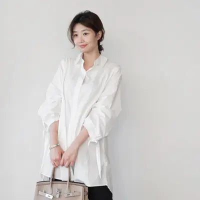 Pleated Back Collar Long Sleeve White Shirt
