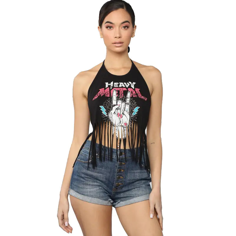 Backless Fringe Print Halter Top - Summer 2019 Trend