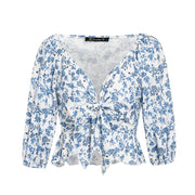 Floral Tie-Front Chiffon Shirt with Lantern Sleeves