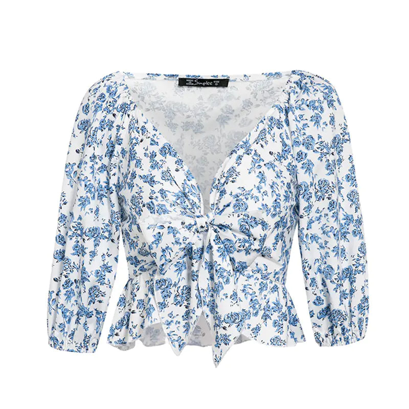 Floral Tie-Front Chiffon Shirt with Lantern Sleeves