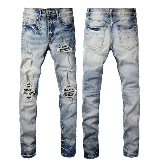 Men's Ripped Washed Blue Denim Jeans