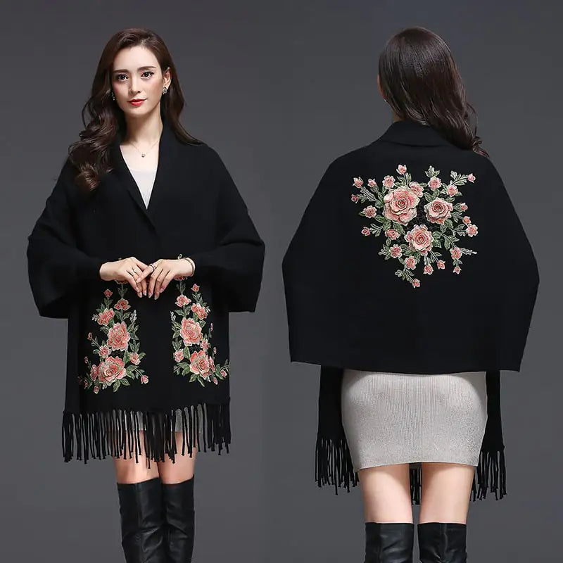 Embroidered Women's Shawl Cape Thick Sweater Coat