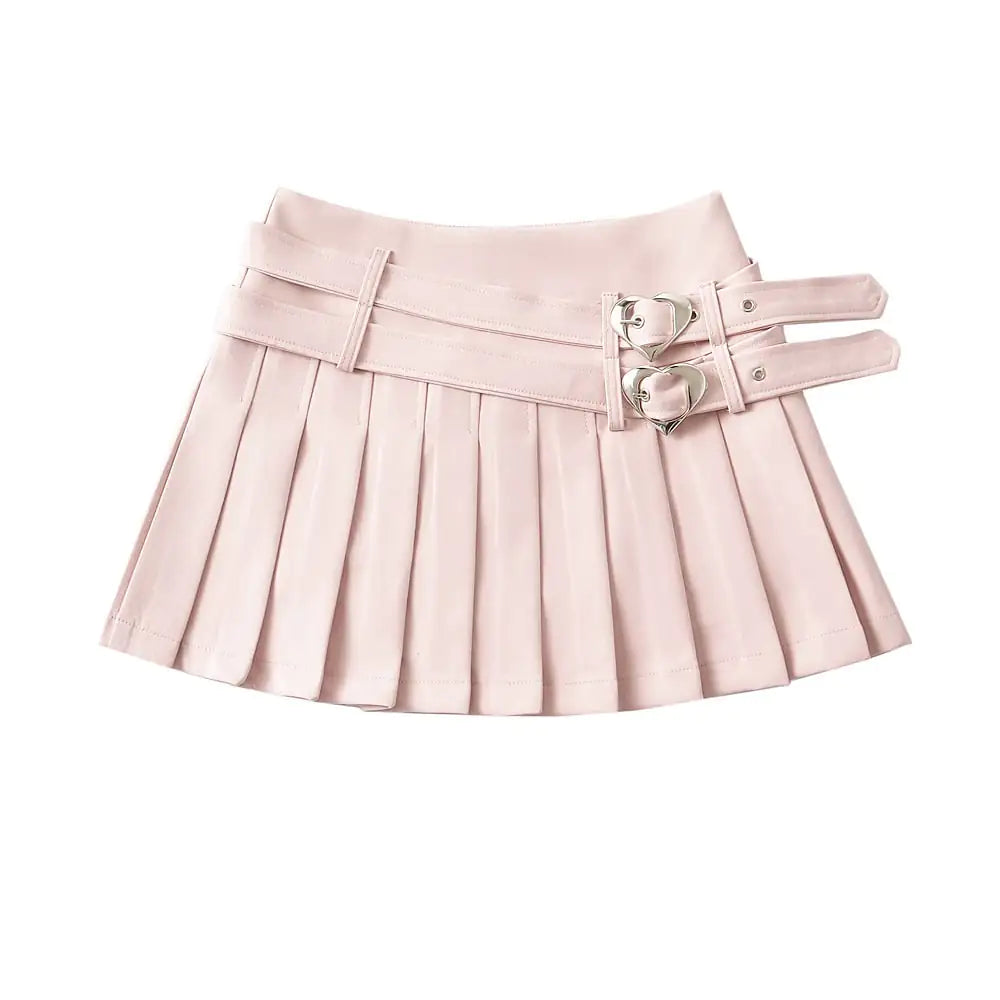 College Style Double Waist Heart Buckle Skirt