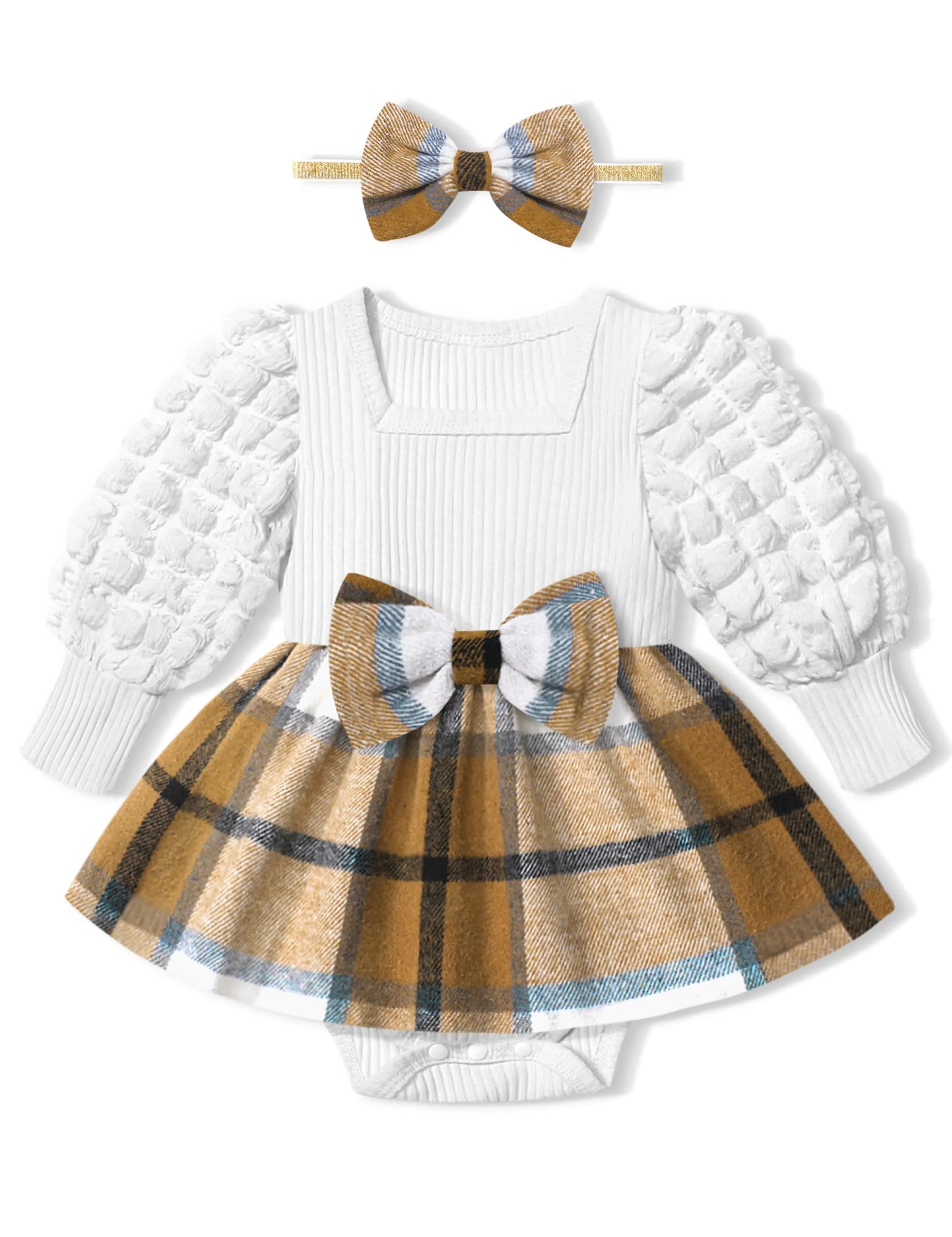 Orchids Puff‑Sleeve Plaid Romper