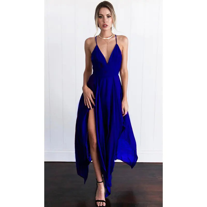 Women's Sexy V-neck Backless Halter Split Dress