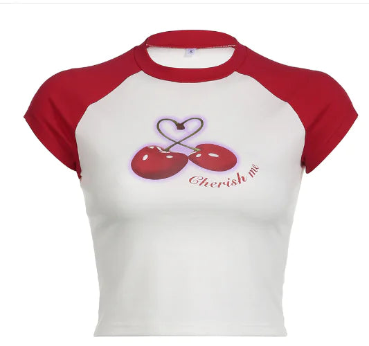 Street Cherry Print Slim-fit T-shirt with Rotator Sleeve