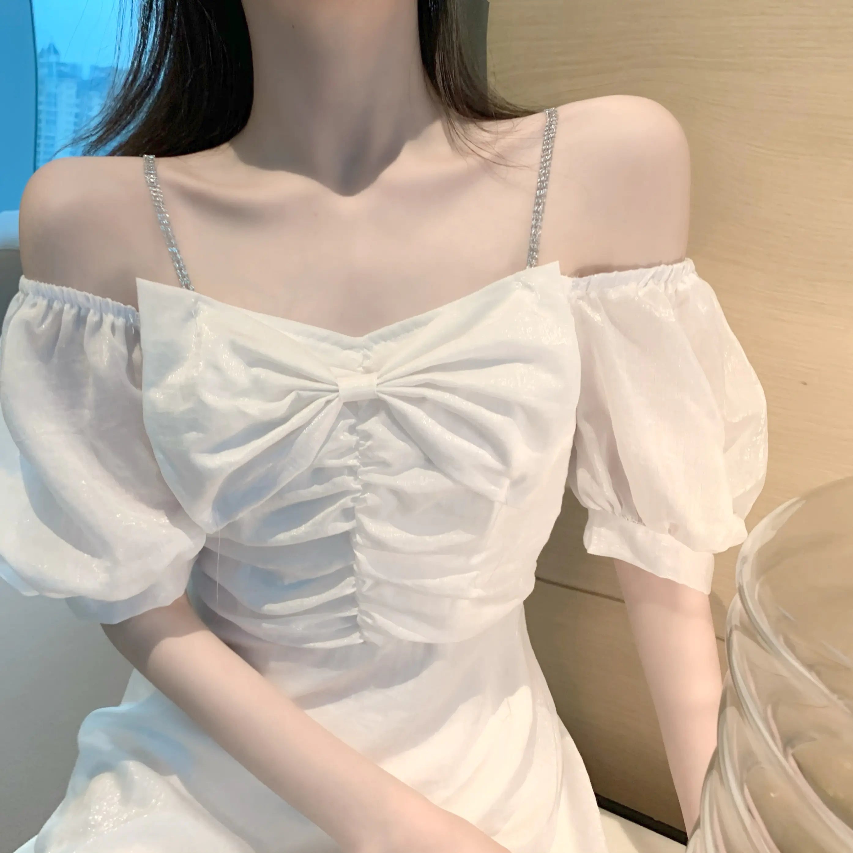 Summer White Strap Dress with Slim Fit Design