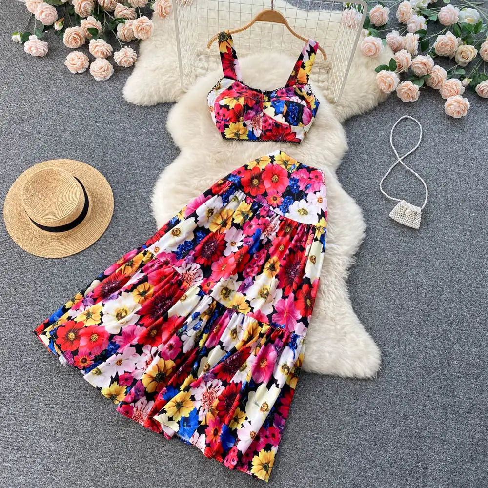 Women's Pleated Skirt with Short Suspender Top