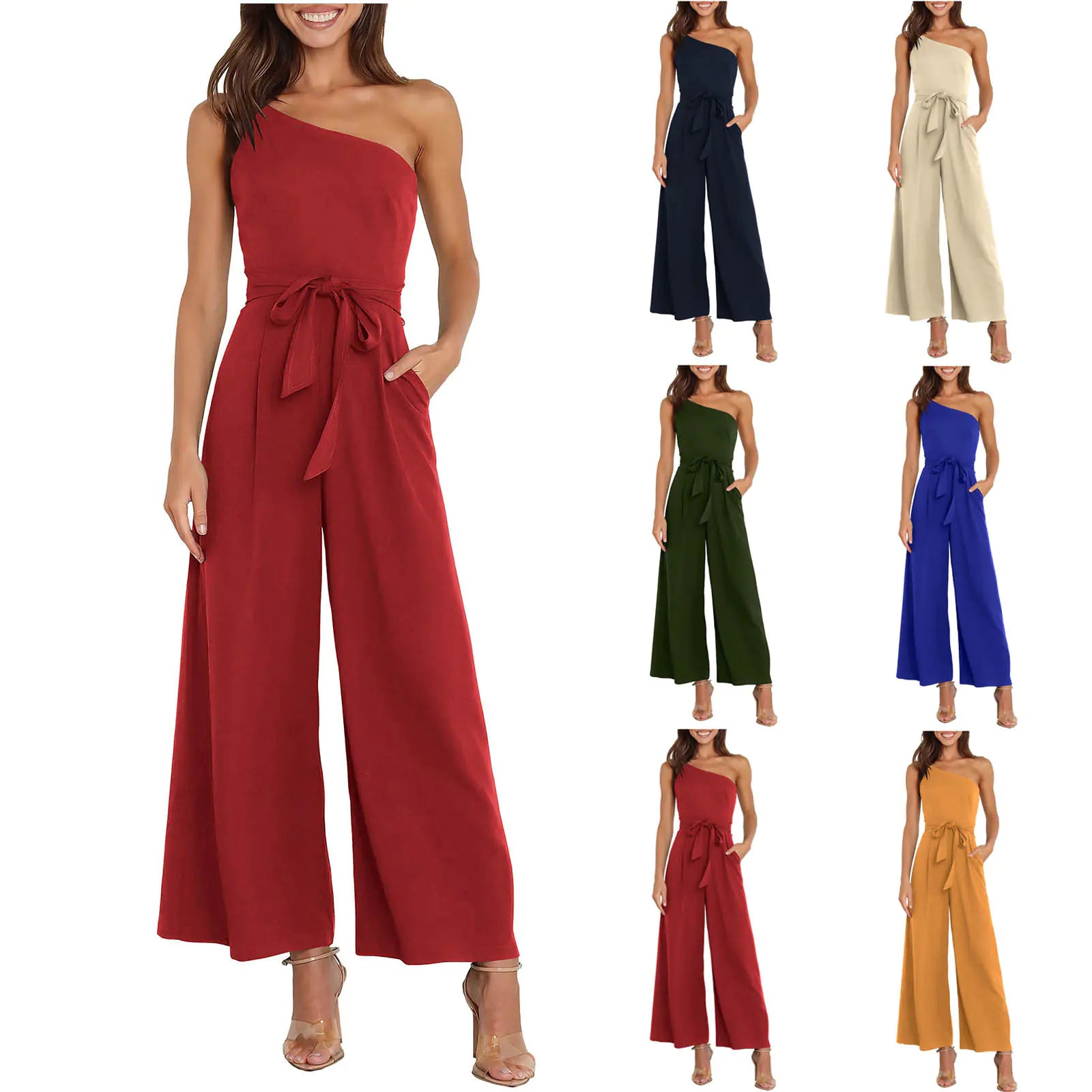 Women's Solid Color Slant Shoulder Jumpsuit for Commuting
