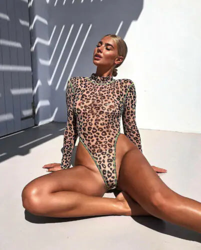 Women's Leopard Print High-Neck Mesh Bodysuit