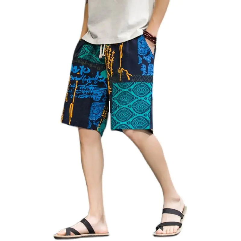 Men's Plus Size Cotton Linen Beach Shorts in Chinese Style
