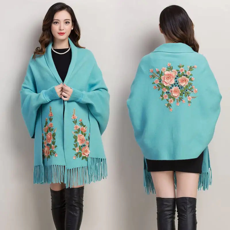 Embroidered Women's Shawl Cape Thick Sweater Coat