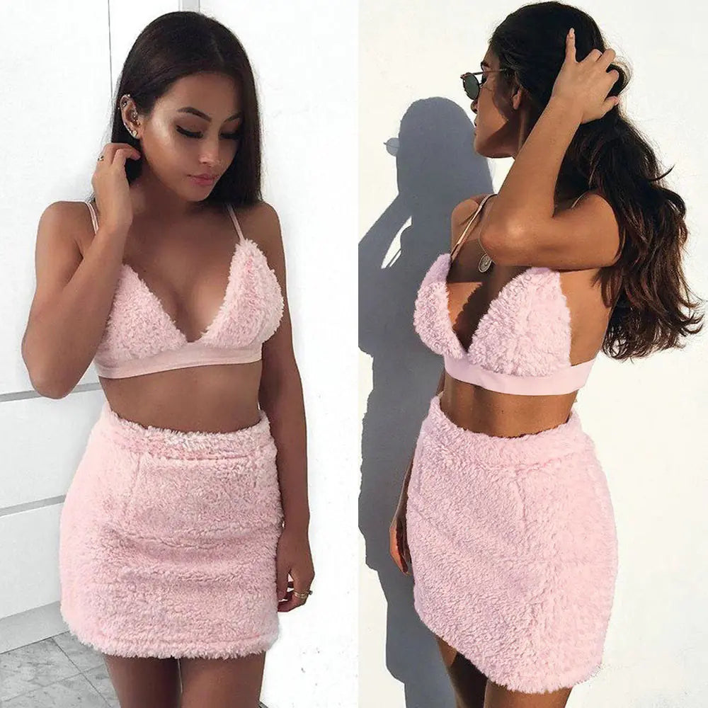 Sexy Two-Piece Fuzzy Dress with Strapless Design