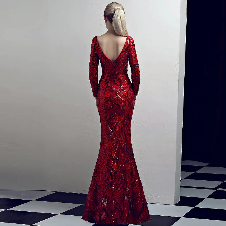 Deep V Long Sleeve Split Night Dress with Sequins