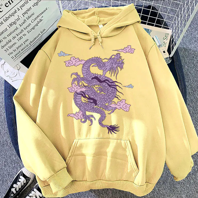 Candy Color Hooded Sweatshirt with Dragon Cloud Print