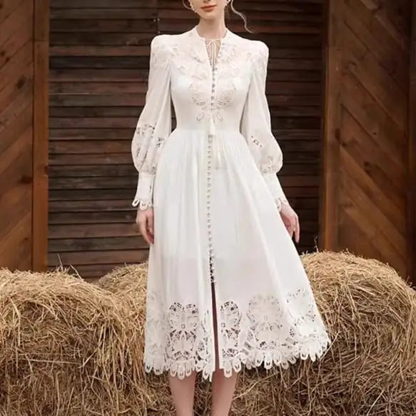 White Lace Flower Embroidery Long Sleeve Dress