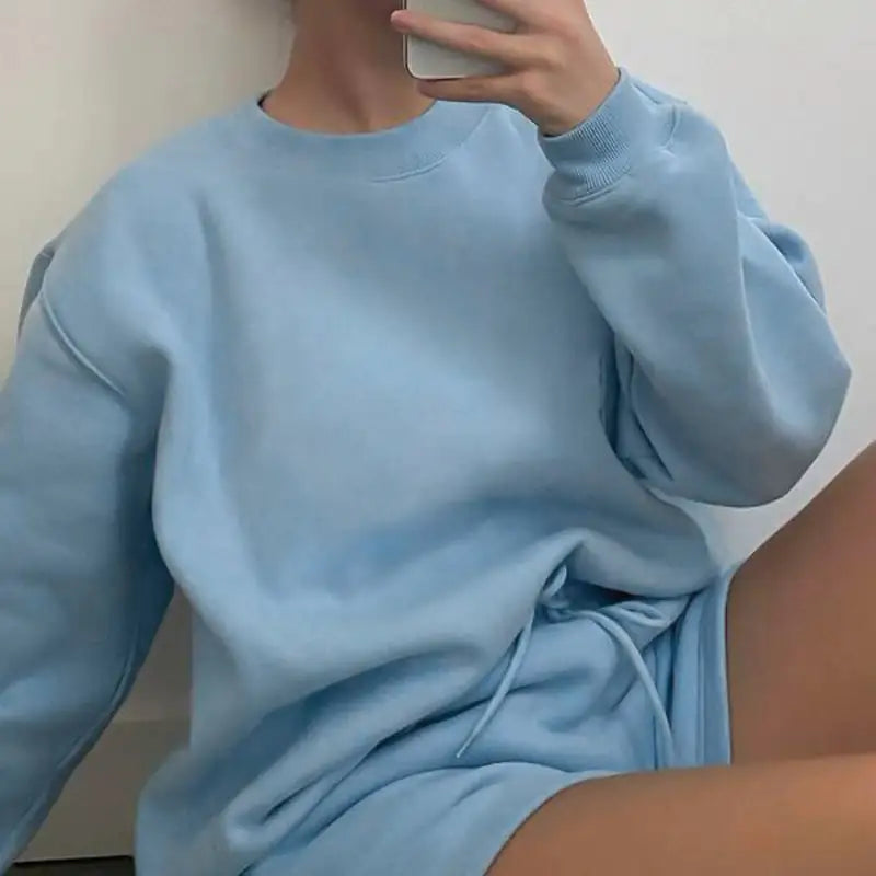 Round Neck Pullover Sweatshirt and Shorts Set