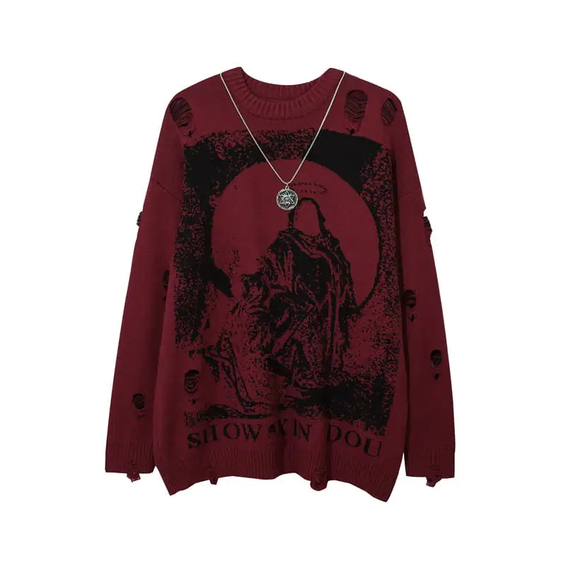 Oversized Pullover Sweater with Ripped Hip-hop Style