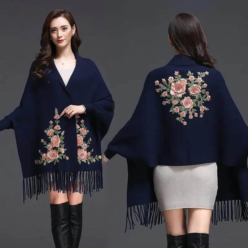 Embroidered Women's Shawl Cape Thick Sweater Coat