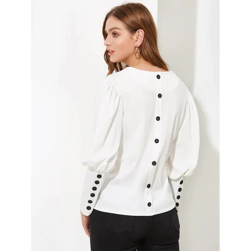 V-Neck Lantern Sleeve Loose Button-Up Shirt