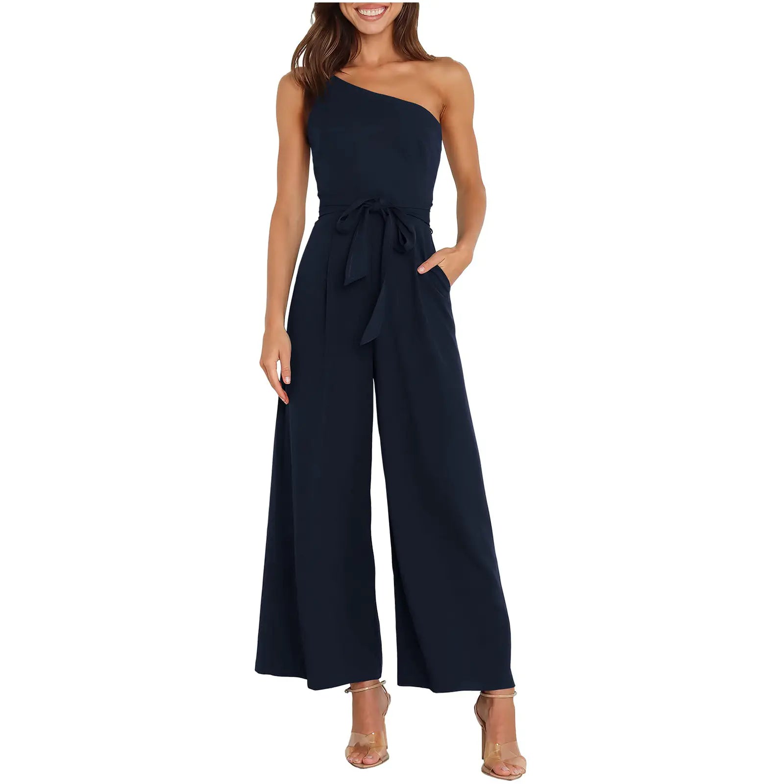 Women's Solid Color Slant Shoulder Jumpsuit for Commuting