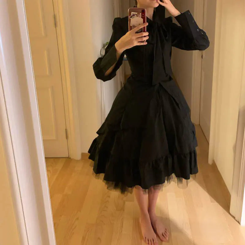 Solid Color Ruffled Hem Princess Dress with Bow Tie