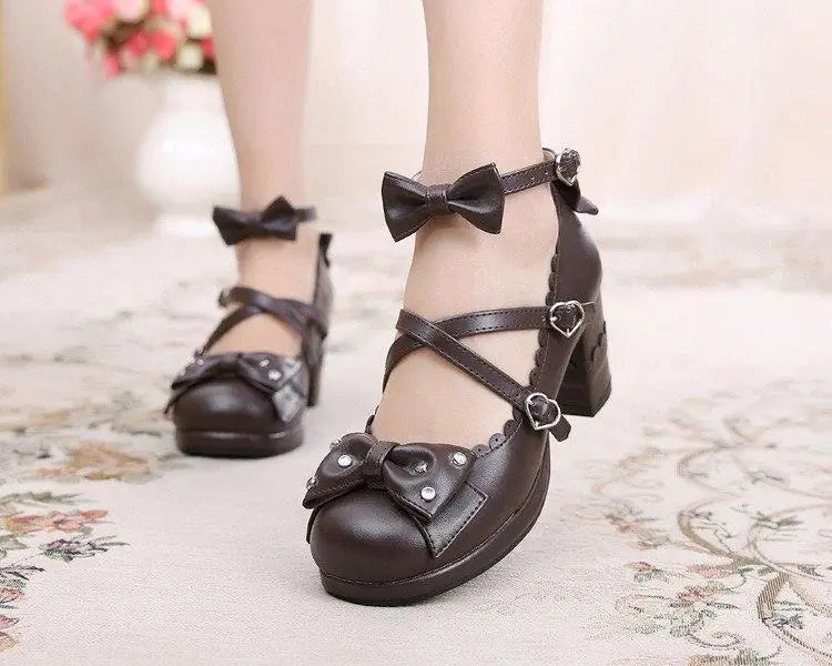 Cute Bowknot Cross Strap Chunky Heels for Students