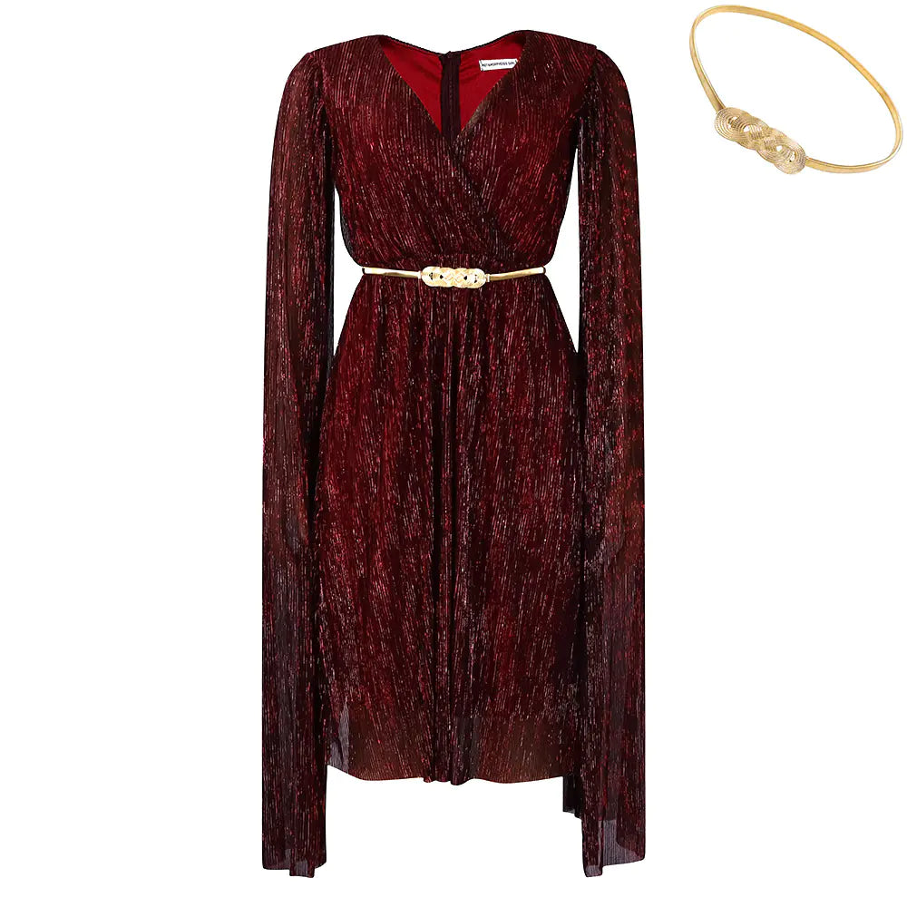 V-neck Long Sleeve Cape Waist Dress for Women