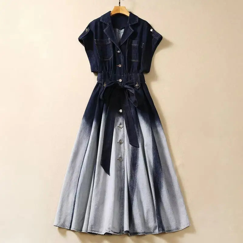 Gradient Color Denim Dress with Short Sleeves