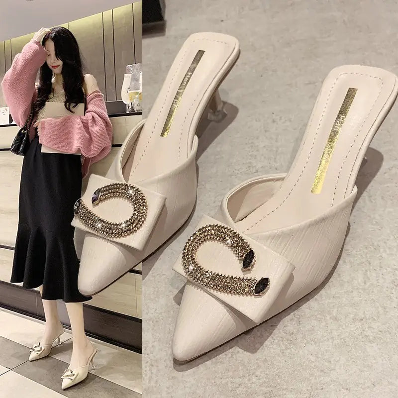 High Heel Pointed Lady Stiletto Sandals with Rhinestones