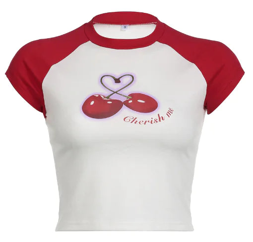 Street Cherry Print Slim-fit T-shirt with Rotator Sleeve