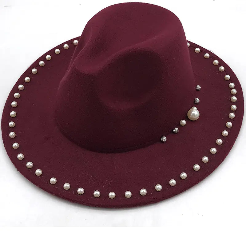 Pearl Wool Wide Brim Jazz Hat for Women