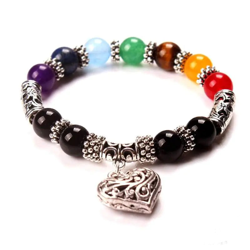 10mm Rainbow Chakra Natural Agate Stone Heart Bracelet Spiritual Elegance