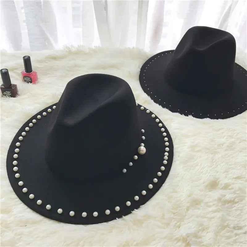 Pearl Wool Wide Brim Jazz Hat for Women